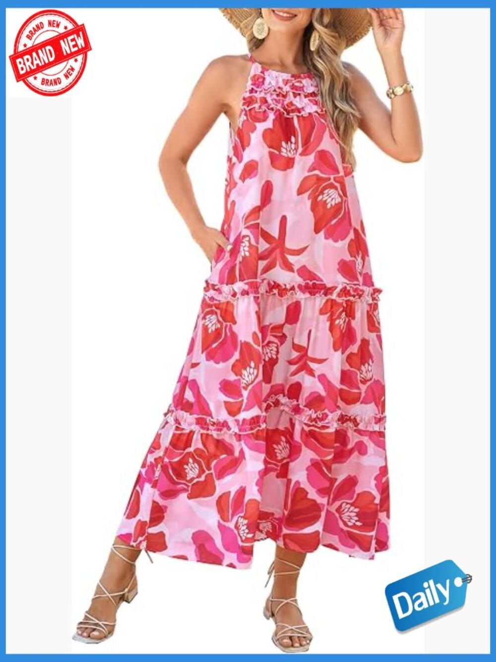 Women's Floral Halter Maxi Dress Boho Summer Beach Sundress with Tiered Ruffle